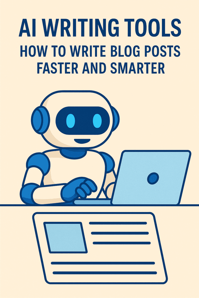 Flat-style illustration of a friendly blue and white robot typing on a laptop, representing AI writing tools for creating blog posts faster and smarter.