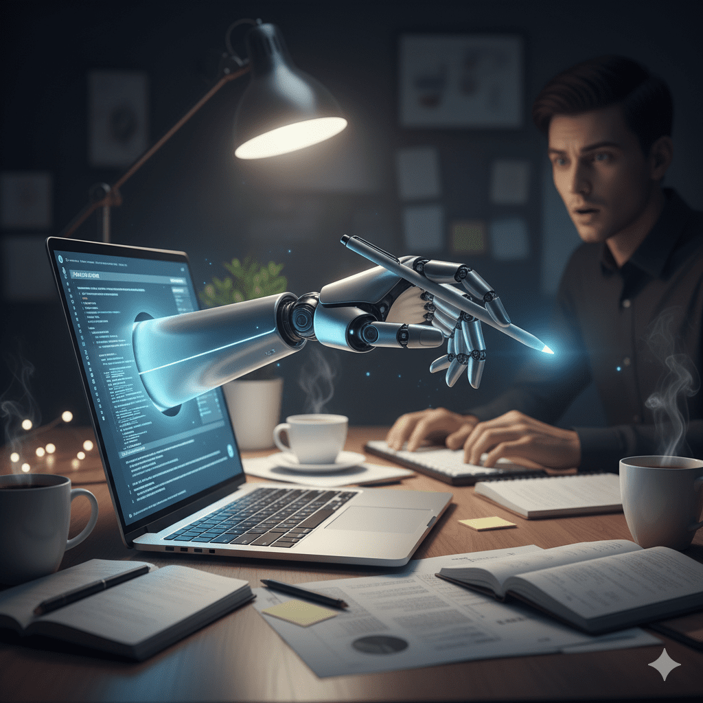 Illustration of AI tools streamlining writing process for creators.”