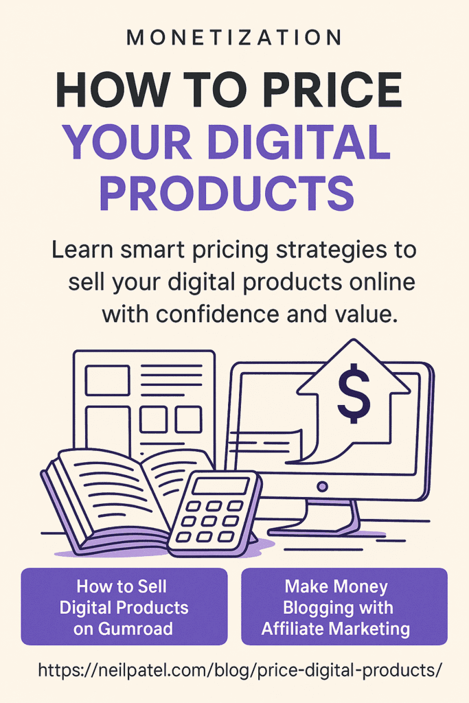 Alt Text: Illustrated banner showing digital pricing strategy tools, including a calculator, open book, and computer screen with a dollar sign arrow. Includes the title “How to Price Your Digital Products” and resource buttons for Gumroad and affiliate marketing, on a beige background.
