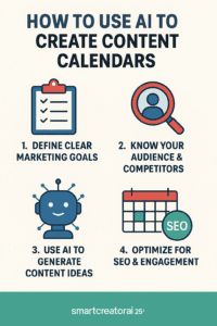 XT: Infographic illustration showing four steps to create an AI-powered content calendar. Step 1: Define clear marketing goals (clipboard icon). Step 2: Know your audience & competitors (magnifying glass icon). Step 3: Use AI to generate content ideas (robot icon). Step 4: Optimize for SEO & engagement (calendar with SEO badge). Designed in flat style with blue, red, and green colors, branded with "smartcreatorai25".