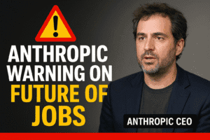 AI jobs future illustration showing a humanoid robot replacing an entry-level office worker in a modern office setting