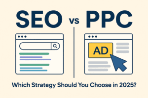 SEO vs PPC comparison in 2025 – illustration showing search engine optimization results versus paid ads strategy