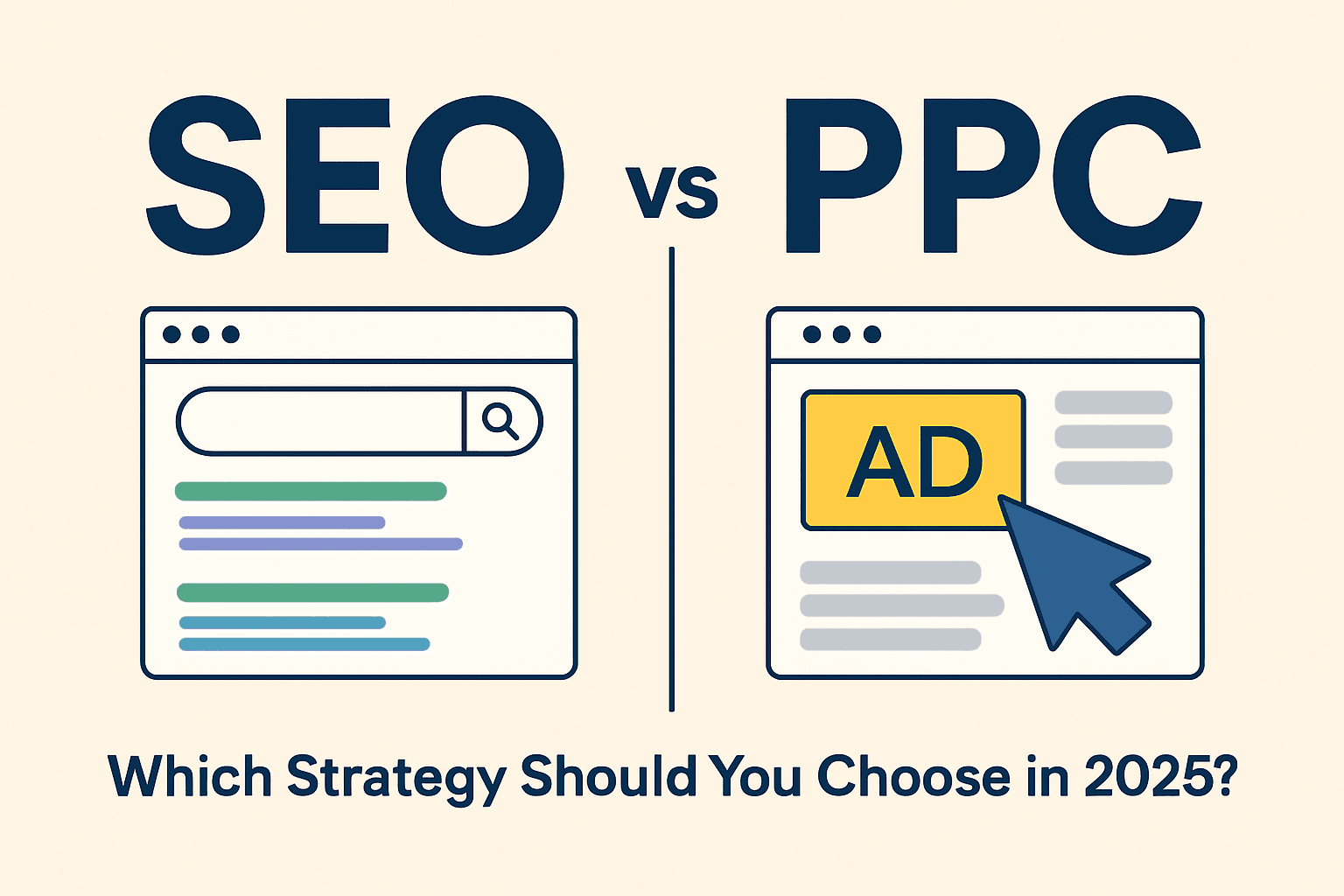SEO vs PPC comparison in 2025 – illustration showing search engine optimization results versus paid ads strategy