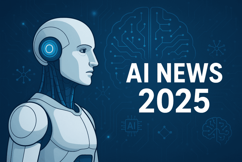 Futuristic humanoid robot with digital brain and text AI News 2025, representing artificial intelligence trends and updates"
