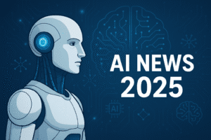 Futuristic humanoid robot with digital brain and text AI News 2025, representing artificial intelligence trends and updates"