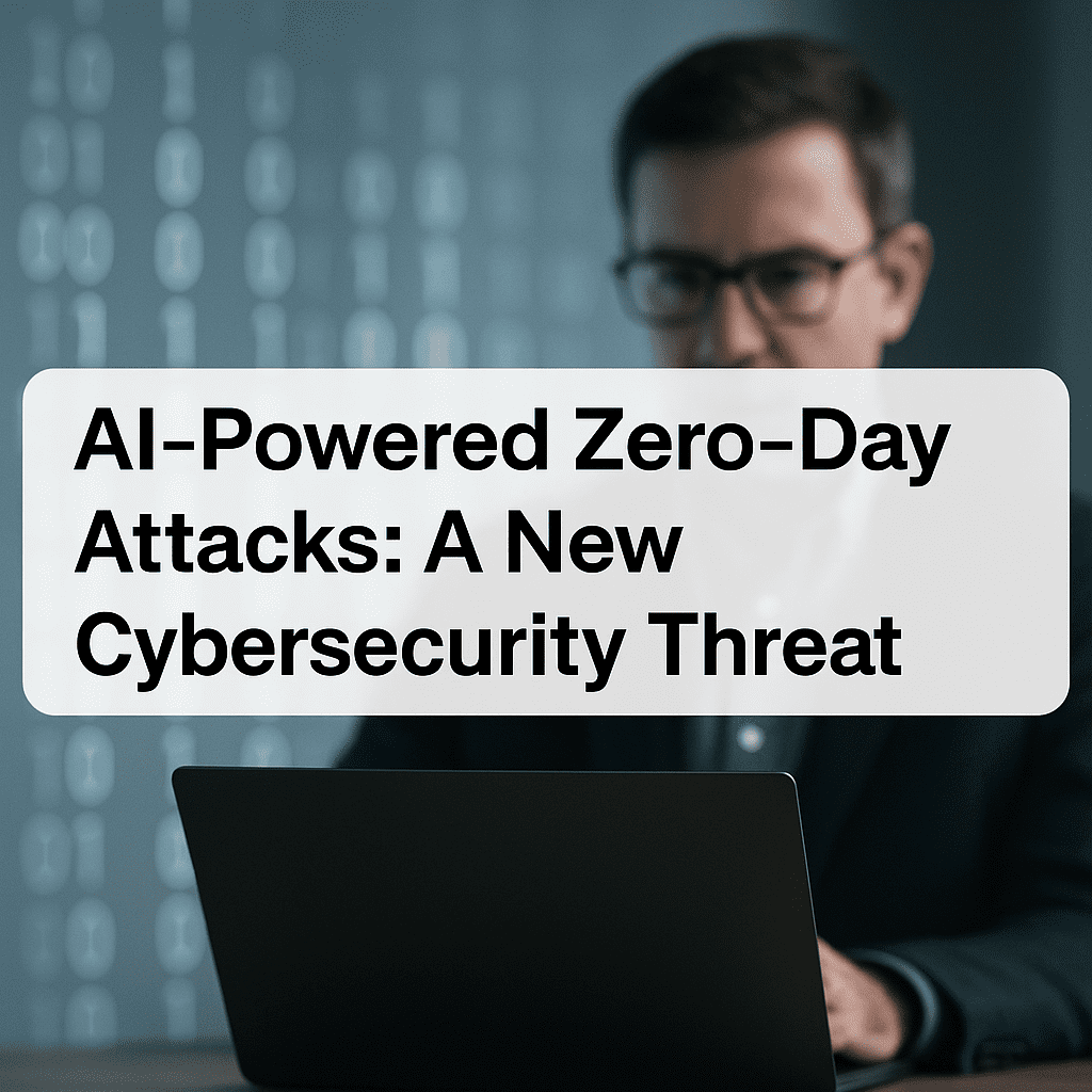 AI-powered zero-day attacks news headline graphic showing a man with laptop in a cybersecurity context, confirming the threat in 2025."