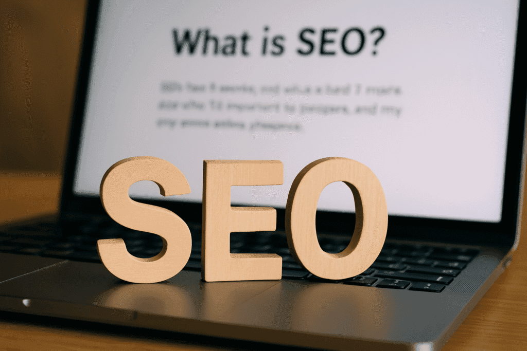 SEO letters on a laptop keyboard representing search engine optimization for bloggers