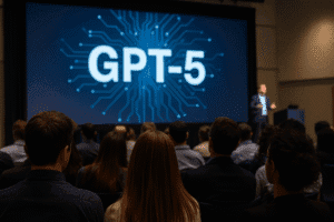 A realistic photo of a technology conference with a large screen displaying “GPT-5 Launch” and an audience watching the presentation.