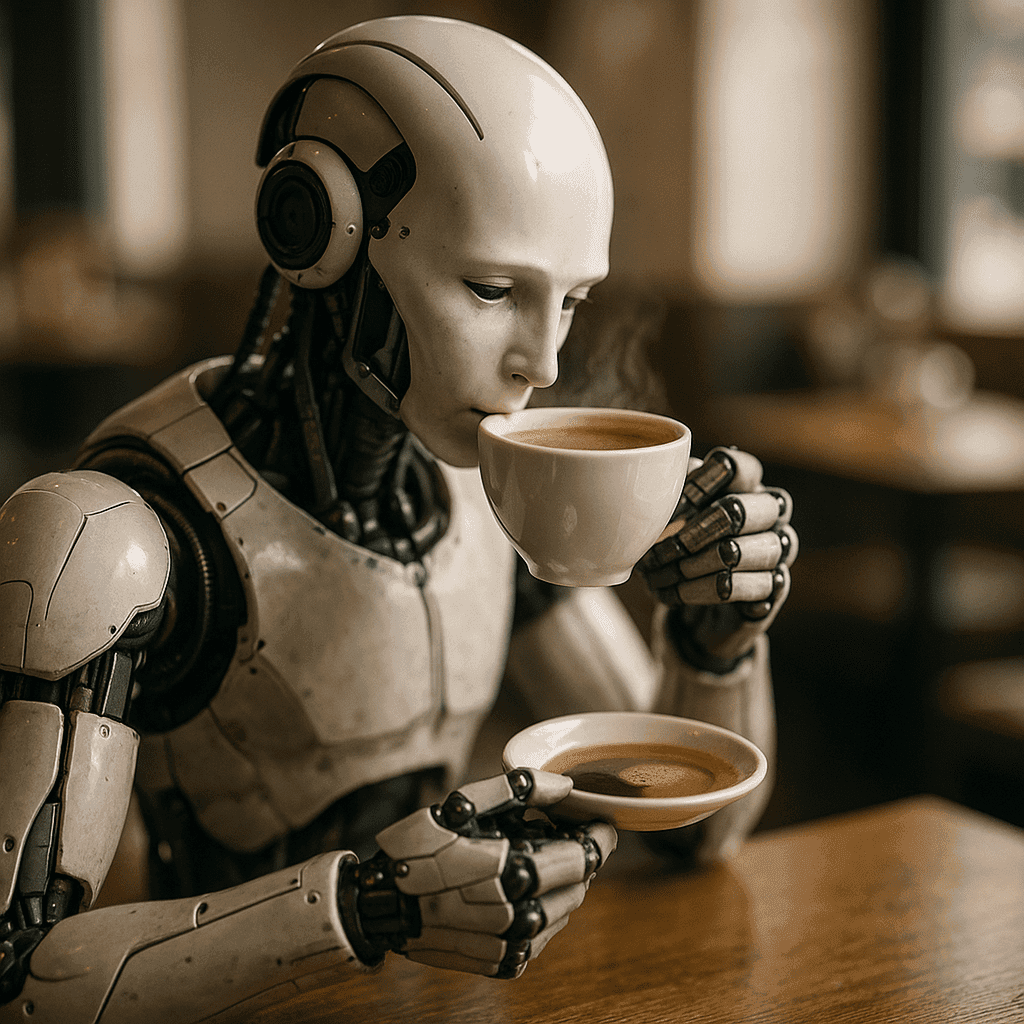 A realistic humanoid robot sitting at a modern desk, drinking coffee while managing app development screens — symbolizing Caffeine AI’s no-code autonomous development platform