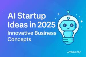 AI Startup Ideas in 2025 – Modern illustration of innovative business concepts using artificial intelligence tools for content creation, chatbots, and automation."