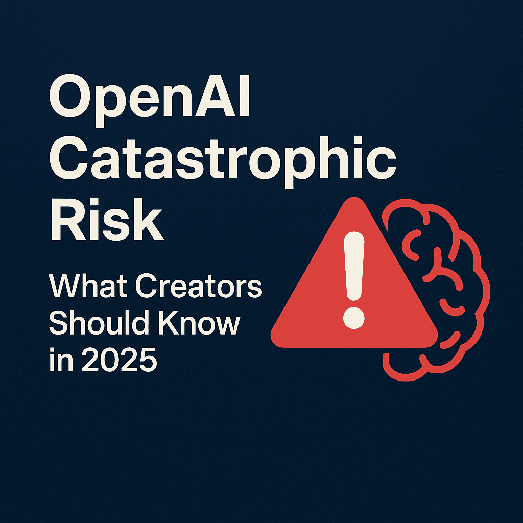 AI Catastrophic Risk cover image showing a digital brain with warning symbol, illustrating major AI risks for creators in 2025."