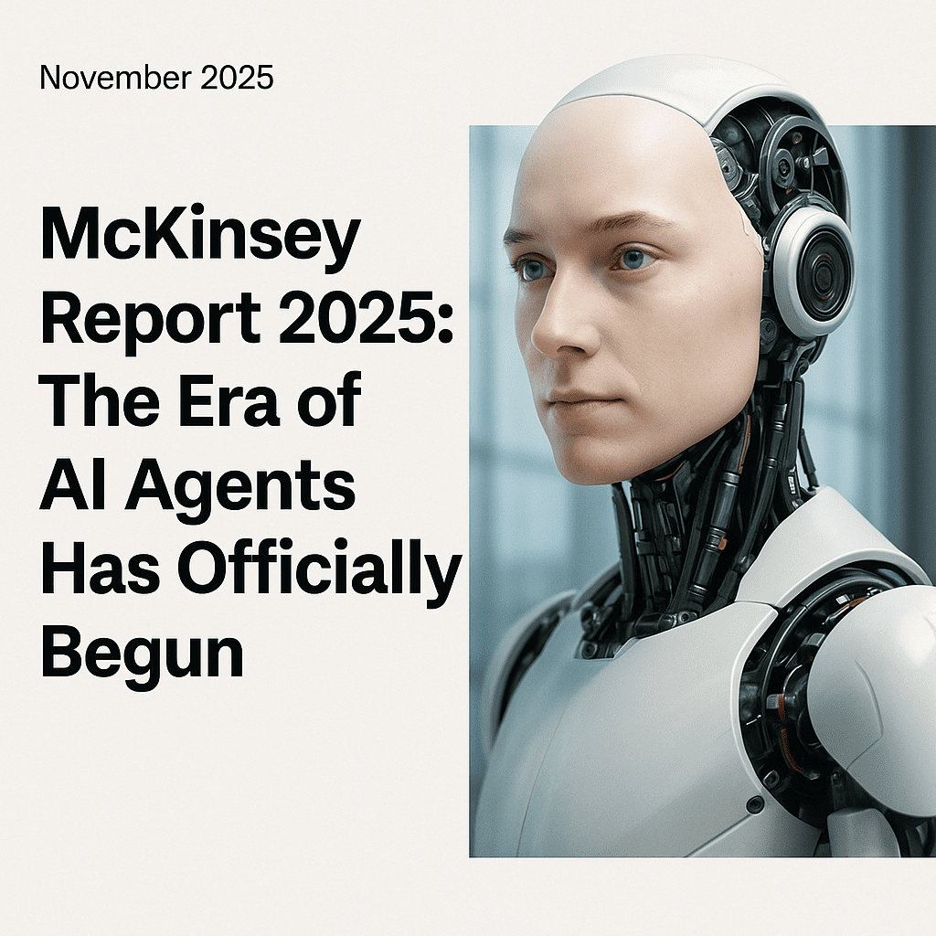 Realistic humanoid AI agent in a modern lab environment, illustrating McKinsey’s 2025 report about the rise of AI agents."