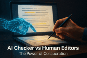 A conceptual digital illustration showing a human hand and an AI robotic hand working together on a glowing digital document. The human hand, warmly lit, writes with a stylus, while the AI hand made of blue light highlights text — symbolizing collaboration between human creativity and artificial intelligence in editing.