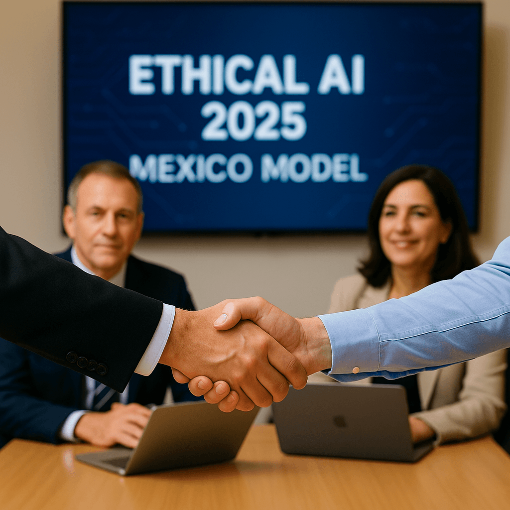 A realistic photo showing UNESCO and Microsoft representatives at a press event in Mexico City, symbolizing the launch of the “Mexico Model” for ethical AI in 2025. The image conveys innovation, collaboration, and responsible artificial intelligence.