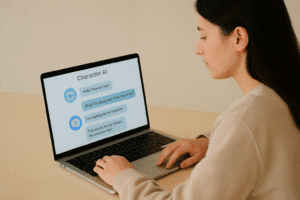 Character AI chatbot interface showing a young woman interacting with a digital assistant on a laptop in a cozy workspace.