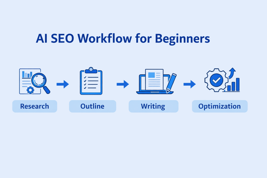 AI SEO workflow for beginners showing research, outlining, writing, and optimization steps