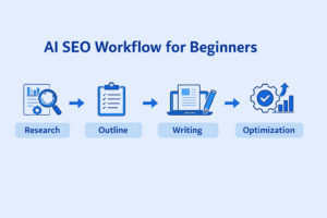 AI SEO workflow for beginners showing research, outlining, writing, and optimization steps
