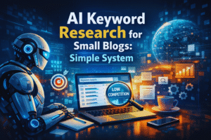 AI keyword research for small blogs concept showing low competition keyword analysis on laptop screen