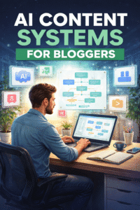 AI content systems for bloggers workflow shown on a laptop screen with a creator building a structured AI blogging system.