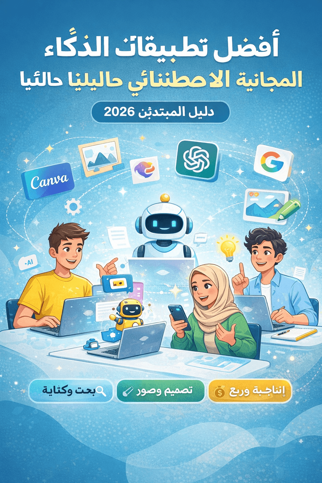 أفضل تطبيقات الذكاء الاصطناعي المجانية للمبتدئين في 2026 لزيادة الإنتاجية والكتابة والتصميم