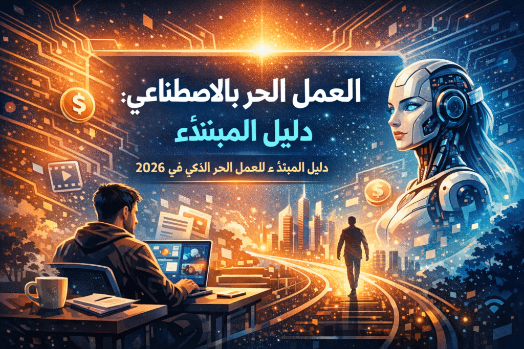 العمل الحر بالذكاء الاصطناعي في 2026 – صورة توضيحية لمستقل يعمل على الحاسوب بمساعدة الذكاء الاصطناعي تمثل دليل المبتدئ للعمل الحر الذكي