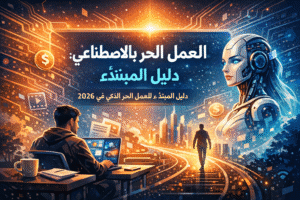 العمل الحر بالذكاء الاصطناعي في 2026 – صورة توضيحية لمستقل يعمل على الحاسوب بمساعدة الذكاء الاصطناعي تمثل دليل المبتدئ للعمل الحر الذكي