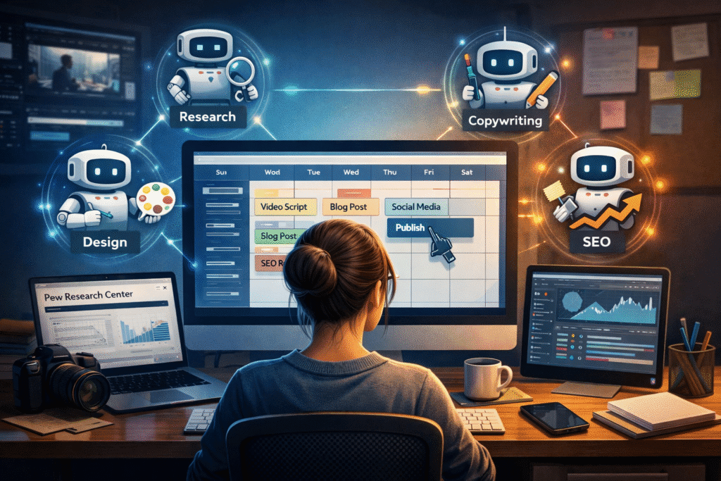 Agentic AI for Creators managing autonomous content creation systems and AI agents in a modern digital workspace