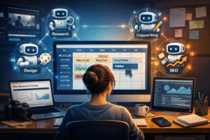 Agentic AI for Creators managing autonomous content creation systems and AI agents in a modern digital workspace