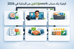مخطط بصري يوضح مراحل بناء حساب Upwork قوي من البداية للمبتدئين في العمل الحر عام 2026 باستخدام رموز توضيحية فقط