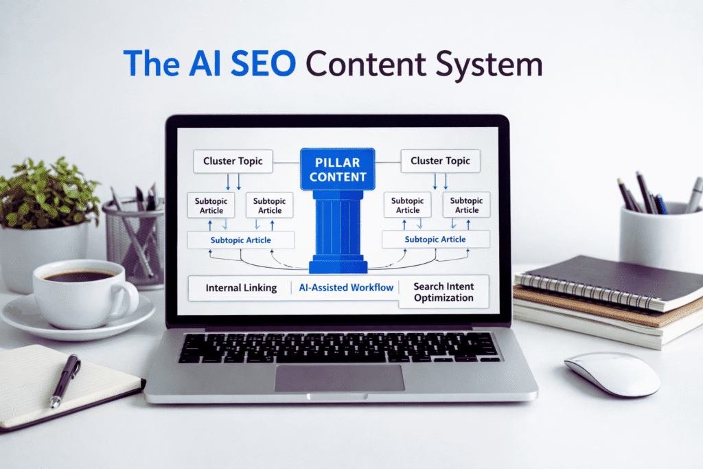 AI SEO Content System architecture showing pillar and cluster structure for creators
