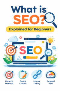 what is seo explained for beginners with keyword research, content quality, internal linking and technical seo