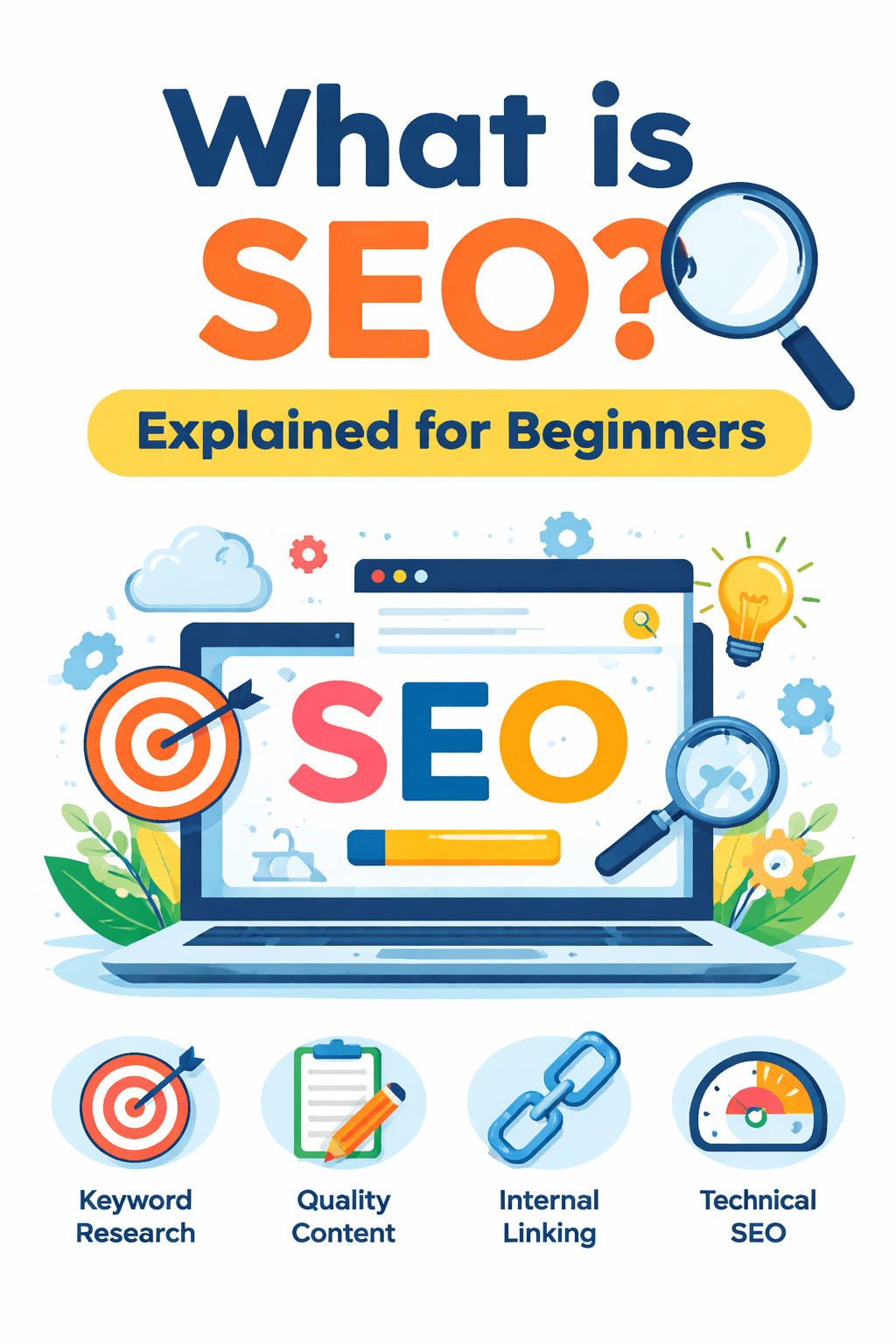 what is seo explained for beginners with keyword research, content quality, internal linking and technical seo